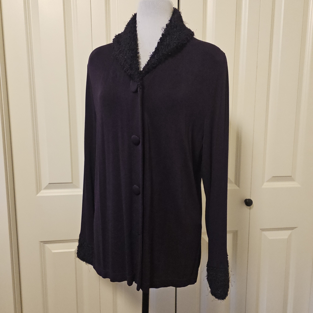 Picadilly  Blazer Button Up Top Purple Textured Trim Fun Fluffy Collar Cuff Sz L